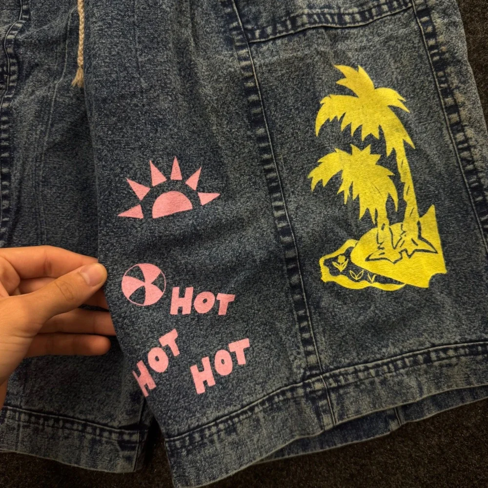 Vintage 80s Acid Wash Denim Shorts Palm Tree Neon Hot Hot Hot Blue Medium